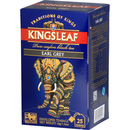 Perspektywiczne zdjęcie opakowania herbaty Kingsleaf Earl Grey podkreślające elegancki design.