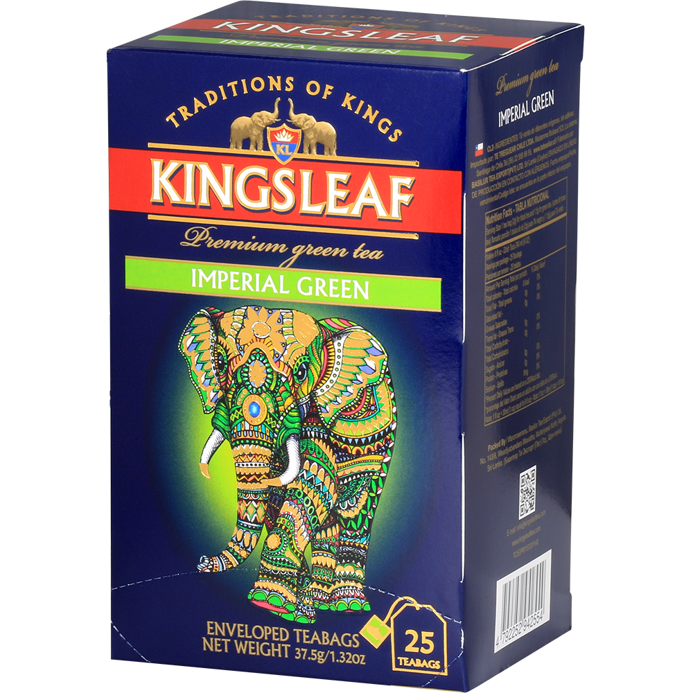 Opakowanie Kingsleaf Imperial Green widziane z boku – luksusowa zielona herbata z Cejlonu.