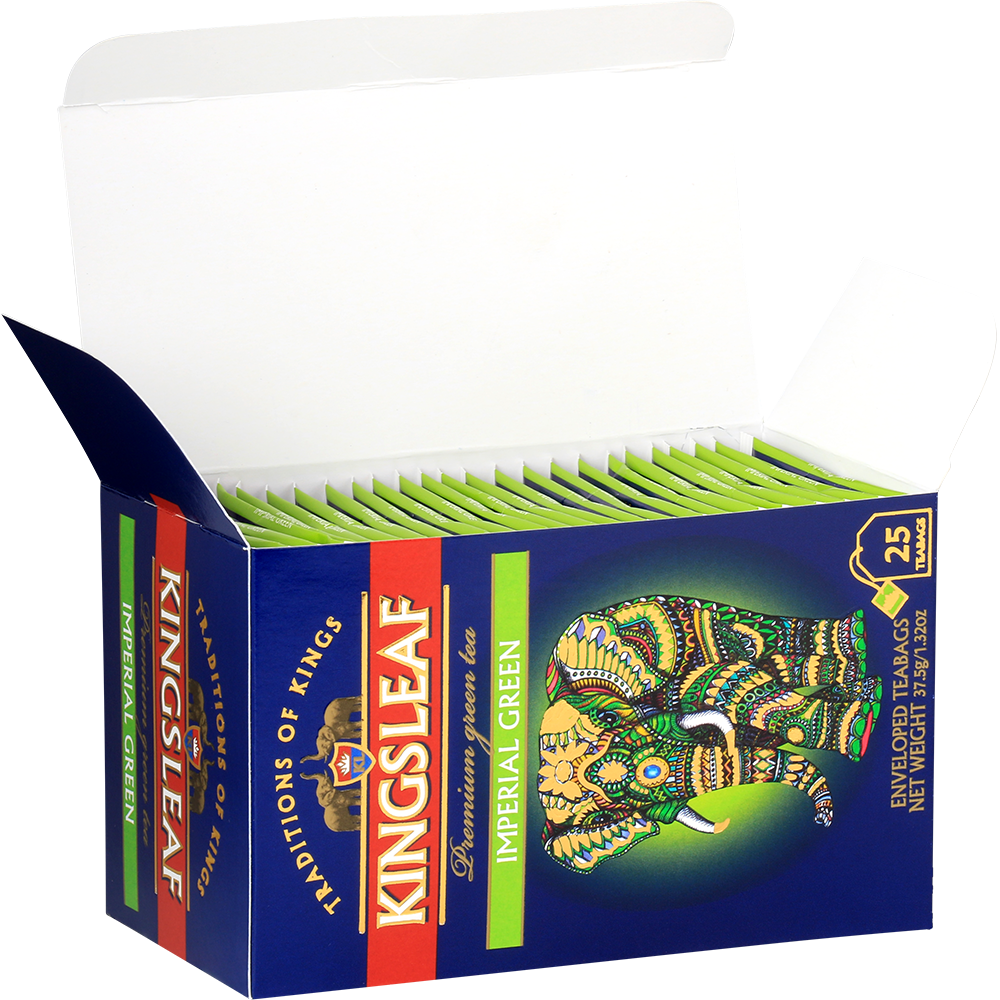 Otwarte pudełko Kingsleaf Imperial Green z torebkami herbaty – elegancka i praktyczna forma pakowania.