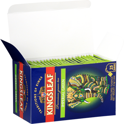 Otwarte pudełko Kingsleaf Imperial Green z torebkami herbaty – elegancka i praktyczna forma pakowania.