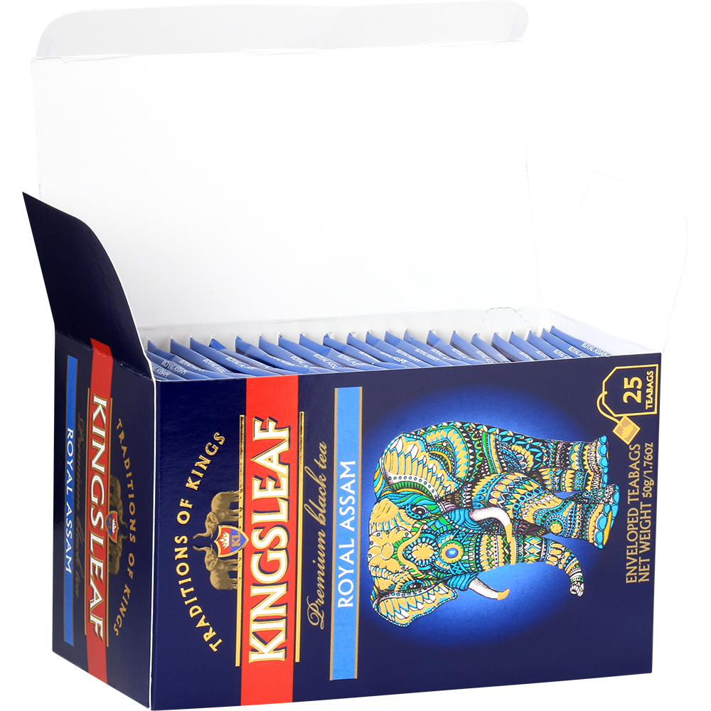 Otwarte pudełko herbaty Kingsleaf Royal Assam z 25 indywidualnie zapakowanymi saszetkami.