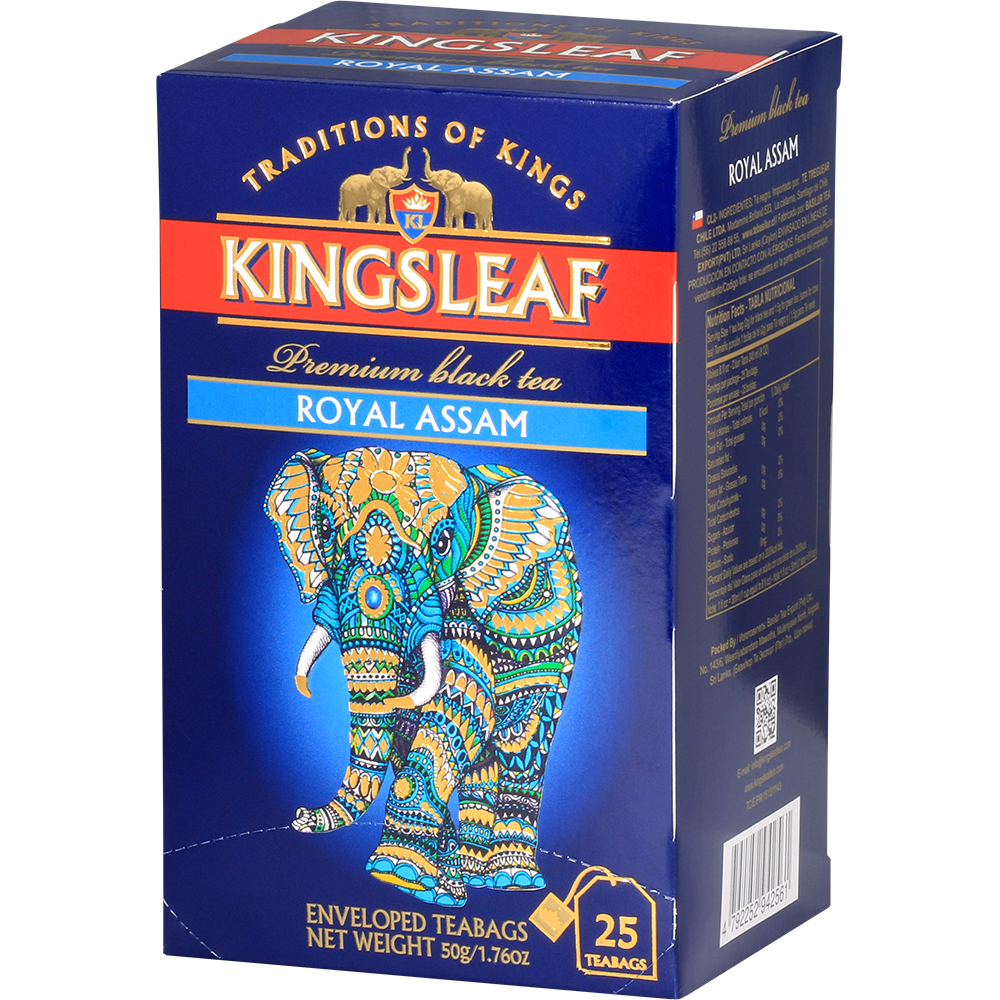 Opakowanie Kingsleaf Royal Assam w granatowo-niebieskiej tonacji z ozdobnym słoniem.