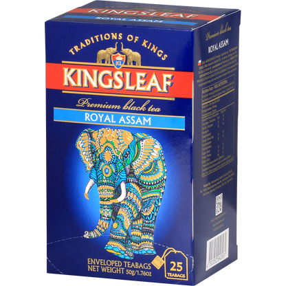 Opakowanie Kingsleaf Royal Assam w granatowo-niebieskiej tonacji z ozdobnym słoniem.