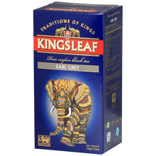 Granatowe opakowanie herbaty Kingsleaf Earl Grey 100 g z kolorowym słoniem na froncie.