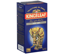 Pudełko herbaty Kingsleaf Earl Grey z kolorowym słoniem i złotymi detalami na granatowym tle.