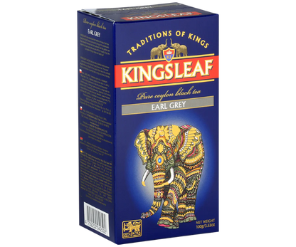 Pudełko herbaty Kingsleaf Earl Grey z kolorowym słoniem i złotymi detalami na granatowym tle.