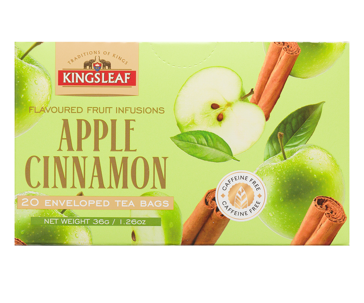 Przód opakowania herbaty owocowej Kingsleaf Apple Cinnamon z grafiką zielonych jabłek i lasek cynamonu.