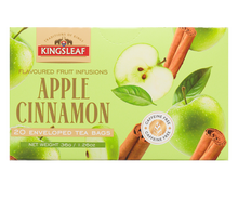 Przód opakowania herbaty owocowej Kingsleaf Apple Cinnamon z grafiką zielonych jabłek i lasek cynamonu.