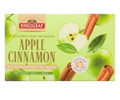 Przód opakowania herbaty owocowej Kingsleaf Apple Cinnamon z grafiką zielonych jabłek i lasek cynamonu.