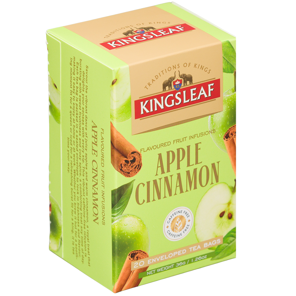 Herbata owocowa Kingsleaf Apple Cinnamon w zielonym kartoniku, 20 saszetek bez kofeiny, widok z boku i przodu.
