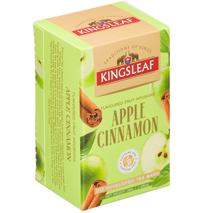Herbata owocowa Kingsleaf Apple Cinnamon w zielonym kartoniku, 20 saszetek bez kofeiny, widok z boku i przodu.