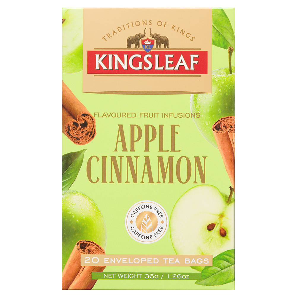Front opakowania herbaty Kingsleaf Apple Cinnamon z jabłkiem i cynamonem, 20 saszetek bez kofeiny.