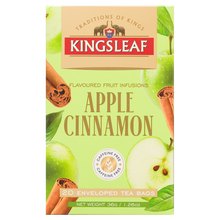 Front opakowania herbaty Kingsleaf Apple Cinnamon z jabłkiem i cynamonem, 20 saszetek bez kofeiny.