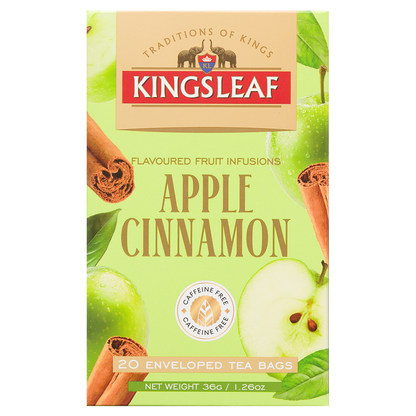 Front opakowania herbaty Kingsleaf Apple Cinnamon z jabłkiem i cynamonem, 20 saszetek bez kofeiny.