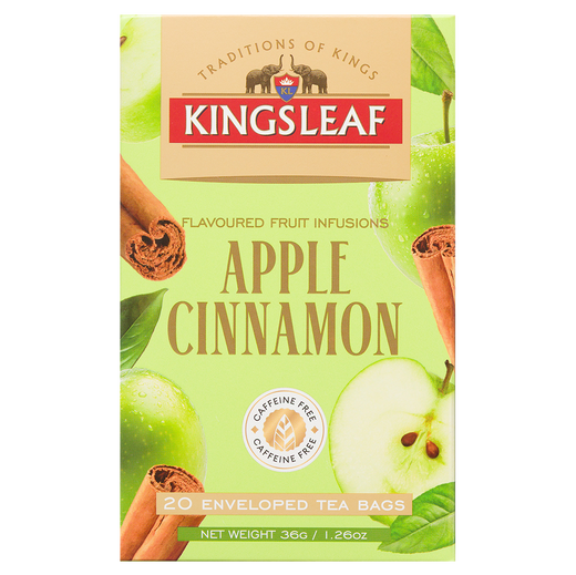 Front opakowania herbaty Kingsleaf Apple Cinnamon z jabłkiem i cynamonem, 20 saszetek bez kofeiny.