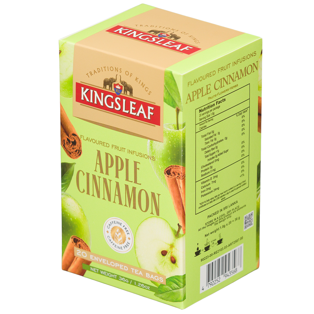 Owocowa herbata Kingsleaf Apple Cinnamon z jabłkiem i cynamonem, 20 saszetek, opakowanie pokazane pod kątem.
