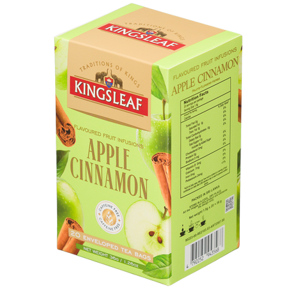 Owocowa herbata Kingsleaf Apple Cinnamon z jabłkiem i cynamonem, 20 saszetek, opakowanie pokazane pod kątem.