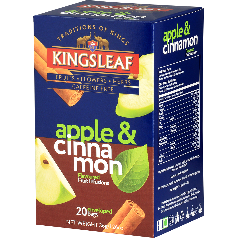 Kingsleaf Apple & Cinnamon – herbata owocowo-ziołowa z jabłkiem i cynamonem w kolorowym opakowaniu.