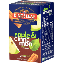 Kingsleaf Apple & Cinnamon – herbata owocowo-ziołowa z jabłkiem i cynamonem w kolorowym opakowaniu.