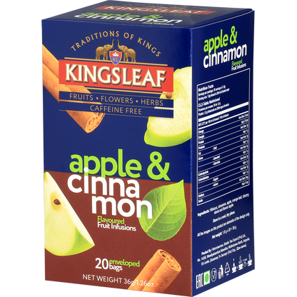 Kingsleaf Apple & Cinnamon – herbata owocowo-ziołowa z jabłkiem i cynamonem w kolorowym opakowaniu.