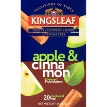 Pudełko herbaty Kingsleaf Apple & Cinnamon z jabłkiem i laskami cynamonu – rozgrzewająca mieszanka owocowa bez kofeiny.