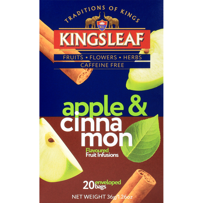 Pudełko herbaty Kingsleaf Apple & Cinnamon z jabłkiem i laskami cynamonu – rozgrzewająca mieszanka owocowa bez kofeiny.