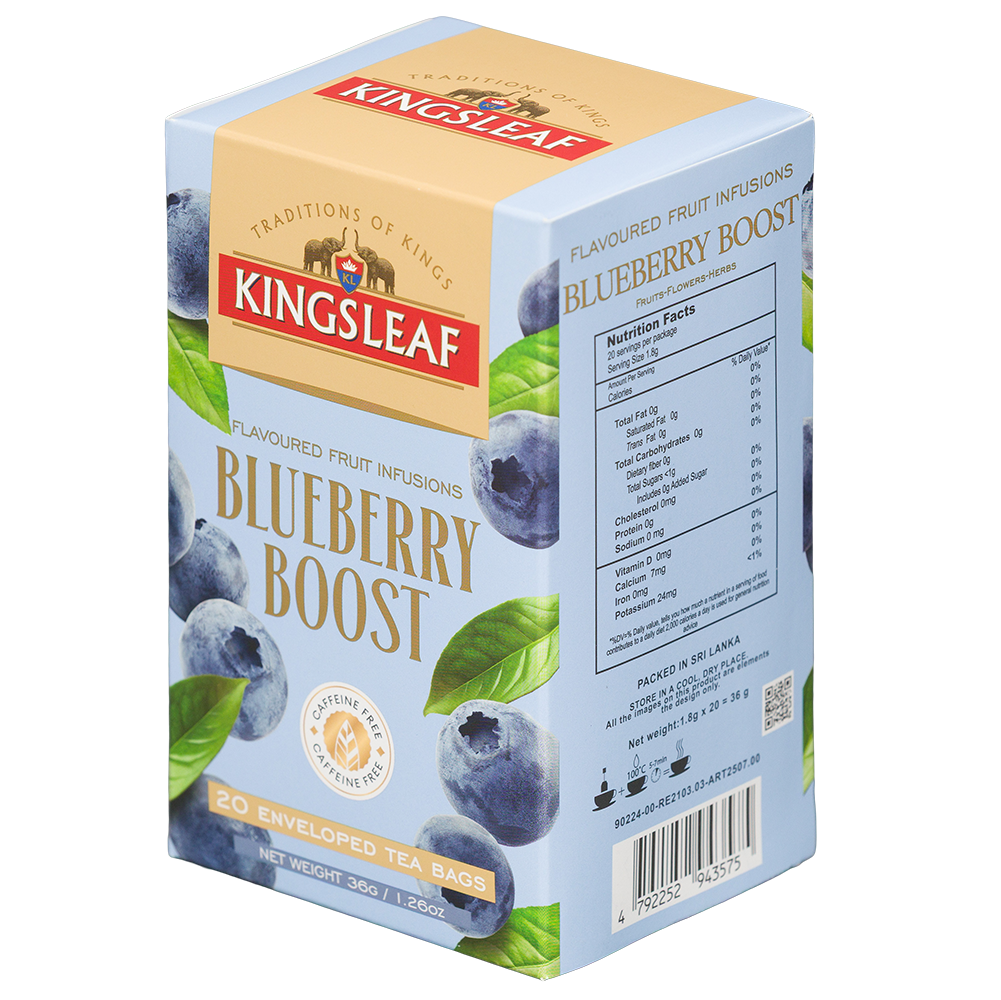 Napar owocowy Kingsleaf Blueberry Boost 20 saszetek 36 g, opakowanie widoczne z przodu i od strony tabeli wartości odżywczych