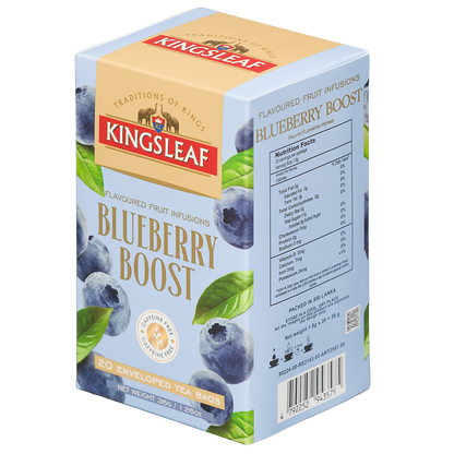Napar owocowy Kingsleaf Blueberry Boost 20 saszetek 36 g, opakowanie widoczne z przodu i od strony tabeli wartości odżywczych