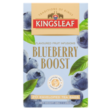 Napar owocowy Kingsleaf Blueberry Boost 20 saszetek 36 g, front jasnoniebieskiego opakowania z borówkami, zielonymi liśćmi i logo marki