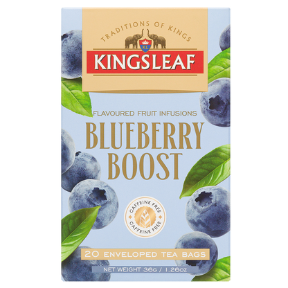 Napar owocowy Kingsleaf Blueberry Boost 20 saszetek 36 g, front jasnoniebieskiego opakowania z borówkami, zielonymi liśćmi i logo marki