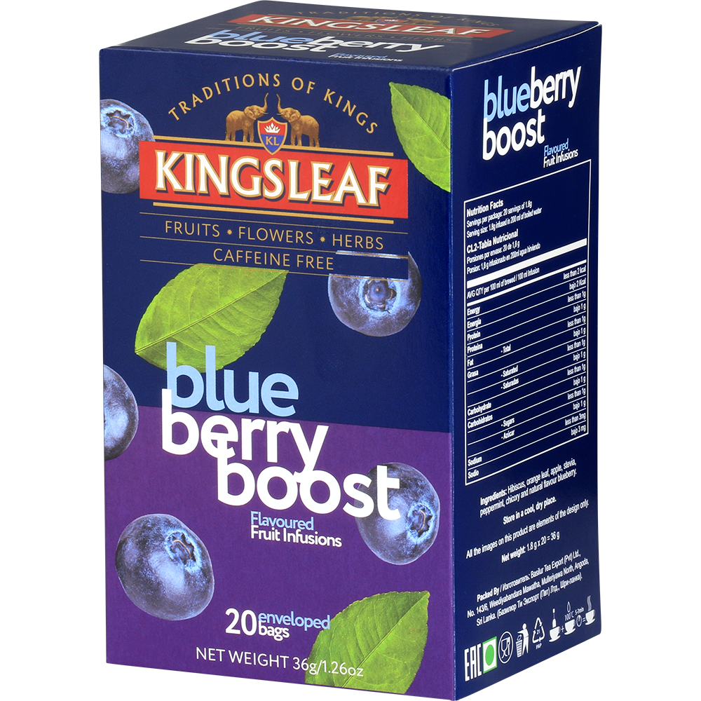Kingsleaf Blueberry Boost – herbata owocowo-ziołowa o smaku borówek w granatowym opakowaniu.