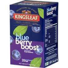 Kingsleaf Blueberry Boost – herbata owocowo-ziołowa o smaku borówek w granatowym opakowaniu.