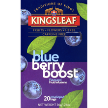Pudełko herbaty Kingsleaf Blueberry Boost z motywem jagód i liści – naturalna herbata bez kofeiny.