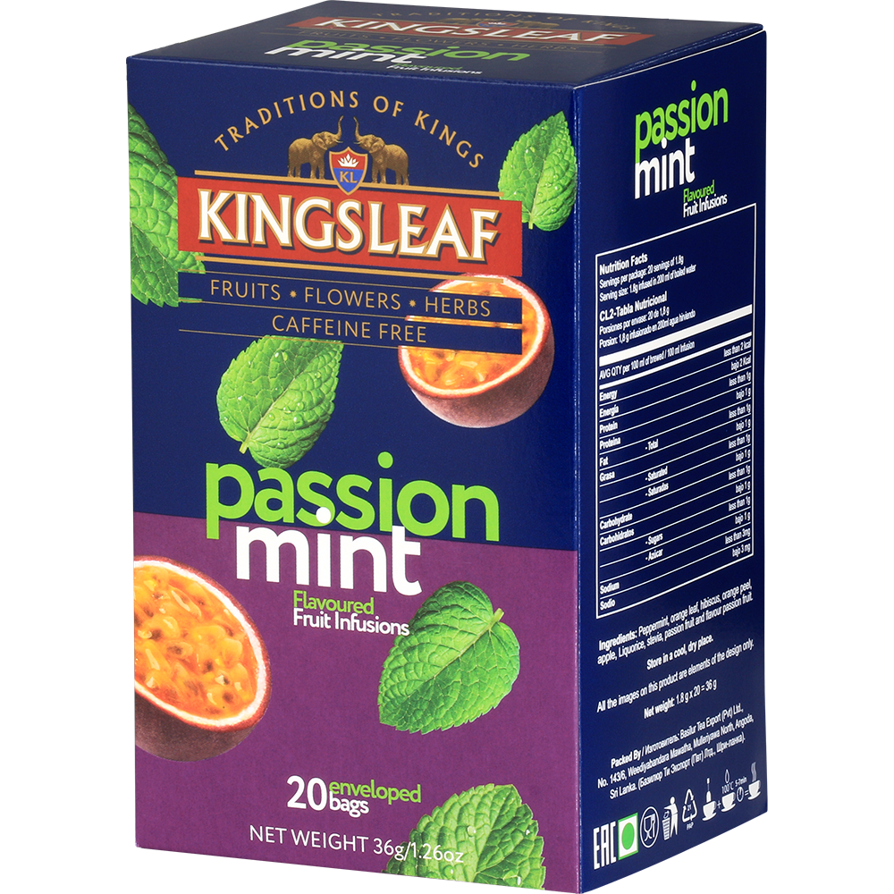 Kingsleaf Passion Mint – aromatyczna herbata bez kofeiny o smaku marakui i mięty w kolorowym opakowaniu.