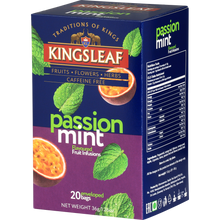 Kingsleaf Passion Mint – aromatyczna herbata bez kofeiny o smaku marakui i mięty w kolorowym opakowaniu.