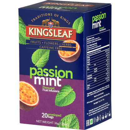 Kingsleaf Passion Mint – aromatyczna herbata bez kofeiny o smaku marakui i mięty w kolorowym opakowaniu.