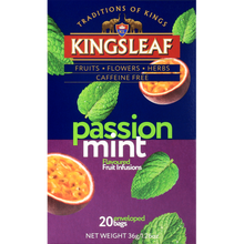 Pudełko herbaty Kingsleaf Passion Mint z motywem liści mięty i owocu marakui – orzeźwiająca herbata owocowa.