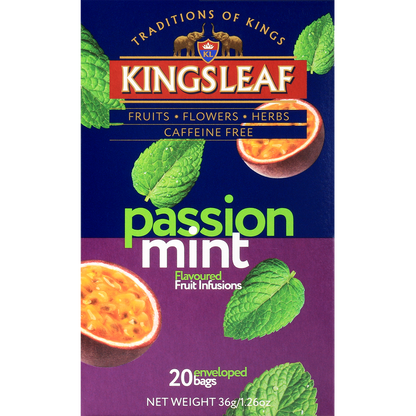 Pudełko herbaty Kingsleaf Passion Mint z motywem liści mięty i owocu marakui – orzeźwiająca herbata owocowa.
