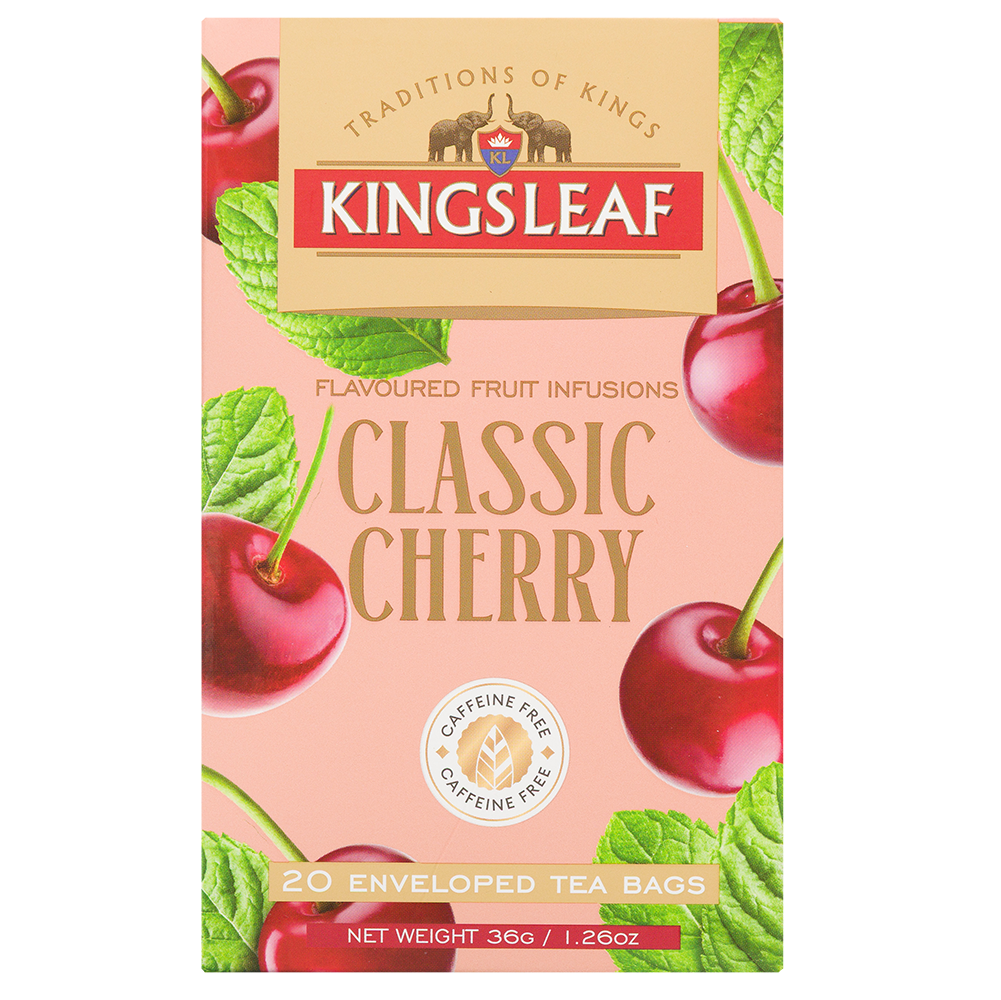 Front opakowania herbaty owocowej Kingsleaf Classic Cherry z grafiką wiśni i liści, 20 saszetek bez kofeiny.
