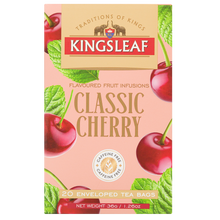 Front opakowania herbaty owocowej Kingsleaf Classic Cherry z grafiką wiśni i liści, 20 saszetek bez kofeiny.