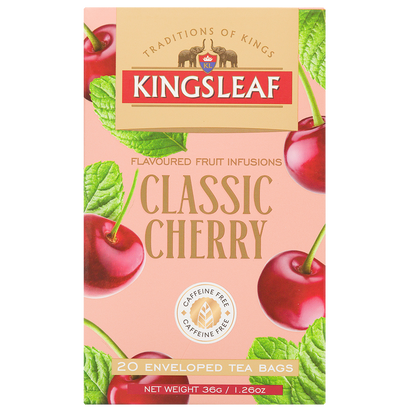 Front opakowania herbaty owocowej Kingsleaf Classic Cherry z grafiką wiśni i liści, 20 saszetek bez kofeiny.