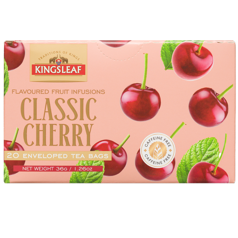 Owocowa herbata Kingsleaf Classic Cherry z wiśnią, 20 saszetek bez kofeiny, front opakowania z grafiką owoców.