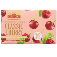 Owocowa herbata Kingsleaf Classic Cherry z wiśnią, 20 saszetek bez kofeiny, front opakowania z grafiką owoców.