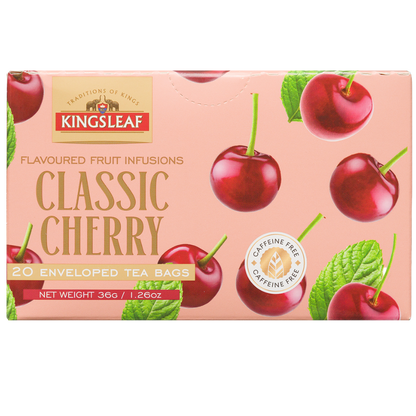 Owocowa herbata Kingsleaf Classic Cherry z wiśnią, 20 saszetek bez kofeiny, front opakowania z grafiką owoców.