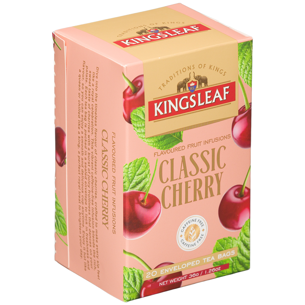 Herbata owocowa Kingsleaf Classic Cherry w różowym kartoniku, 20 saszetek bez kofeiny, widok z przodu i z boku.