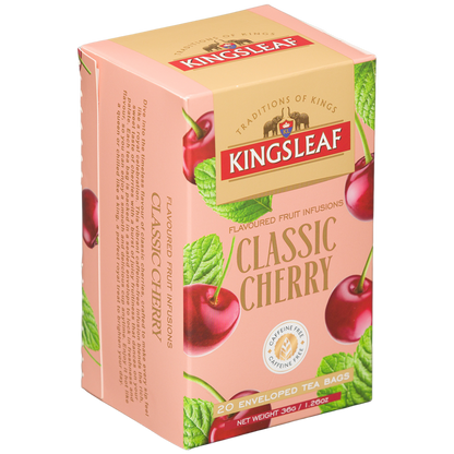 Herbata owocowa Kingsleaf Classic Cherry w różowym kartoniku, 20 saszetek bez kofeiny, widok z przodu i z boku.