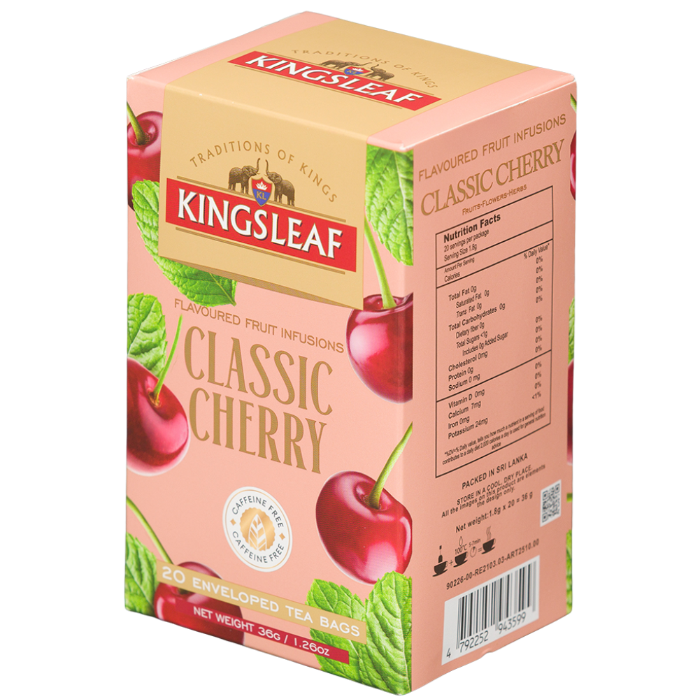 Opakowanie herbaty Kingsleaf Classic Cherry z wiśnią, pokazane pod kątem z widocznym przodem i panelem informacyjnym.