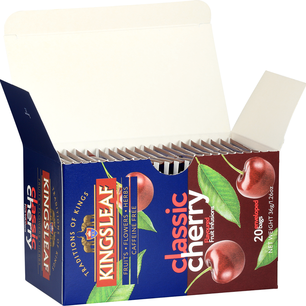 Otwarte pudełko herbaty Kingsleaf Classic Cherry z widocznymi saszetkami – aromatyczna herbata owocowa o smaku wiśni.