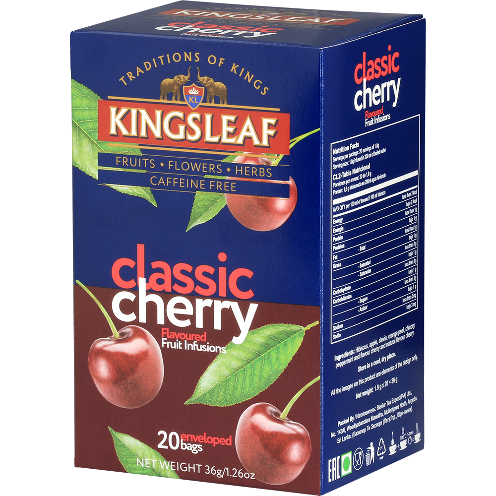 Kingsleaf Classic Cherry – klasyczna herbata owocowa bez kofeiny w granatowym opakowaniu z motywem wiśni.