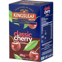 Kingsleaf Classic Cherry – klasyczna herbata owocowa bez kofeiny w granatowym opakowaniu z motywem wiśni.